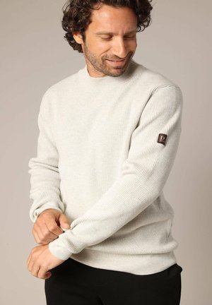 Pull en maille côtelée gris clair avec des manches longues, un col rond et un écusson de logo brun sur la manche gauche. Texture douce et design ajusté.