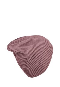 Ribbed knit beanie in muted mauve, featuring a slouchy design with a soft texture and a rounded top. No visible logos or embellishments.