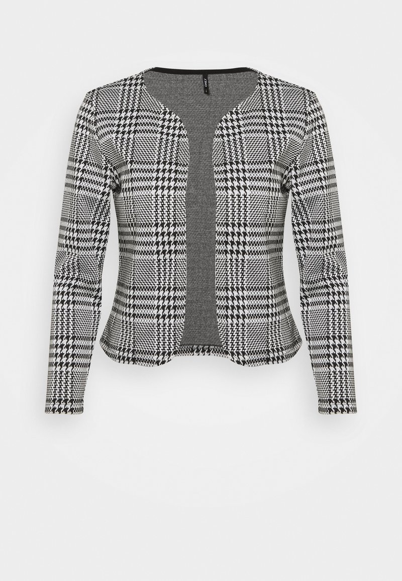 Giacca con motivo houndstooth bianco e nero, forma aderente, maniche lunghe, scollatura tonda, con una fodera interna grigia uniforme.