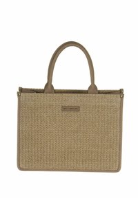 Sac fourre-tout tissé beige avec une surface texturée, des accents en simili cuir marron et deux poignées. Comprend une plaque logo à l'avant.
