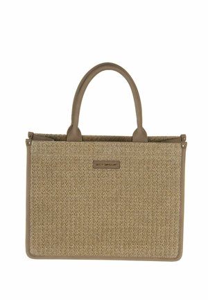 Sac fourre-tout tissé beige avec une surface texturée, des accents en simili cuir marron et deux poignées. Comprend une plaque logo à l'avant.