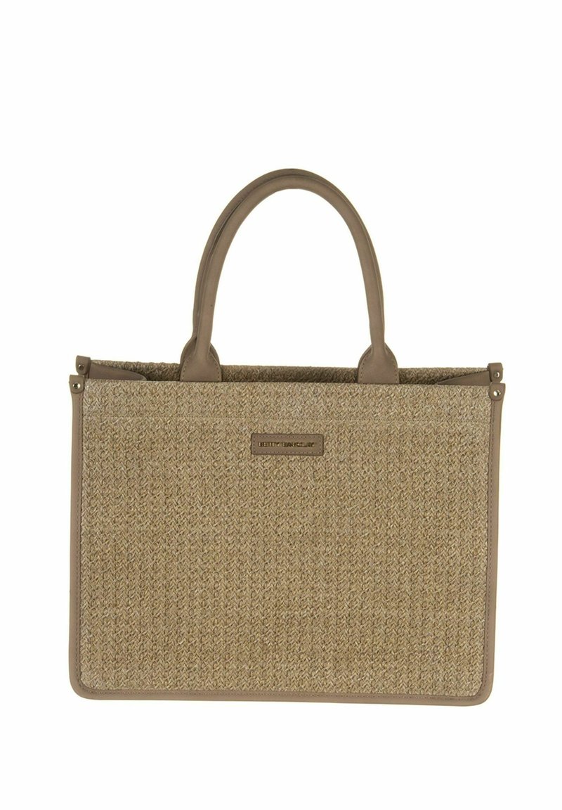 Sac fourre-tout tissé beige avec une surface texturée, des accents en simili cuir marron et deux poignées. Comprend une plaque logo à l'avant.