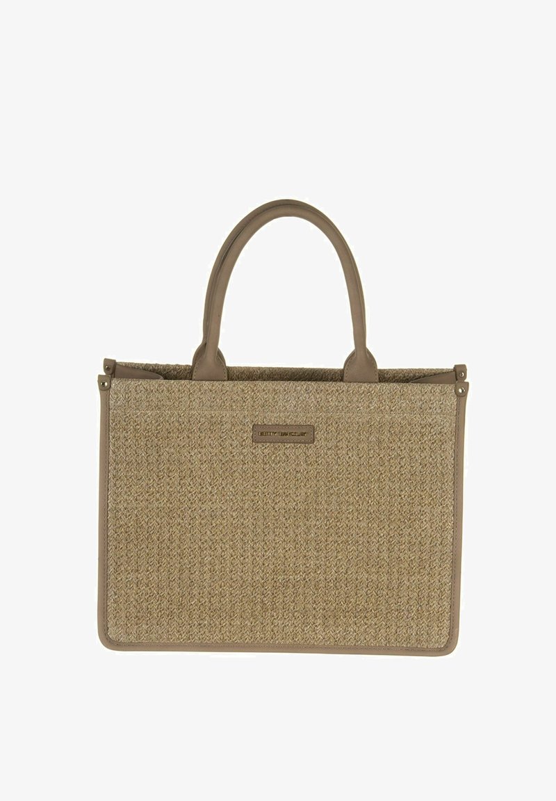 Sac fourre-tout tissé beige avec une surface texturée, des accents en simili cuir marron et deux poignées. Comprend une plaque logo à l'avant.