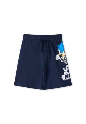 Pantaloncini da bambino blu scuro con vita elastica e personaggio Sonic the Hedgehog stampato sulla gamba destra con design testuale.