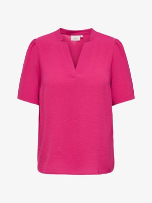 Lys rosa kortermet bluse med strukturert stoff, V-hals, lette rynker på skuldrene og en avslappet passform.