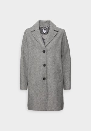 Manteau gris mi-long en mélange de laine, avec revers à encoche, trois boutons noirs à l'avant, poches latérales et doublure en polyester de la marque GAP.