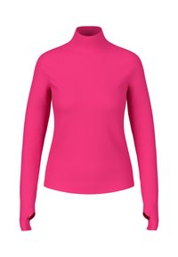 Taillierte Rollkragenoberteil in leuchtendem Pink, aus glattem Material, mit langen Ärmeln und Daumenschlaufen sowie hohem Kragen.