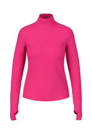 Taillierte Rollkragenoberteil in leuchtendem Pink, aus glattem Material, mit langen Ärmeln und Daumenschlaufen sowie hohem Kragen.