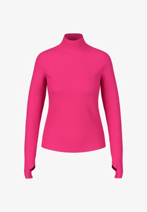 Fitted turtleneck top in bright pink, made of smooth material, featuring long sleeves with thumbholes and a high neckline.