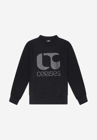 Sweatshirt noir à col rond, avec des poignets côtelés et un logo en paillettes argentées "cerises" imprimé à l'avant. Texture de tissu lisse.