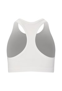 Vit sportbh med racerback-design, tillverkad av flexibel tyg, med en slät yta och minimala sömmar för komfort.