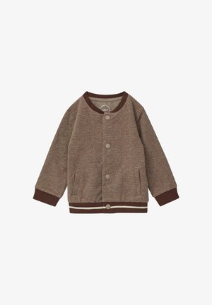 Brązowa marynarka w jodełkę z okrągłym dekoltem, brązowymi prążkowanymi mankietami i krawędzią, brązowymi guzikami oraz bocznymi kieszeniami. Casualowy design.