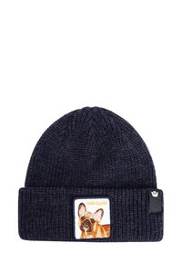 Navy knitted beanie with ribbed texture, featuring a patch of a French bulldog and the words "HIGH CLASS" in gold. Soft, versatile design.