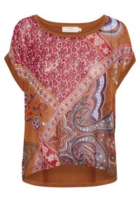 Hnědý top s kombinovaným vzorem červené, modré a bílé paisley a květinové designy. Krátké rukávy a zaoblený výstřih. Lehký materiál.