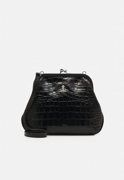 Black, glossy faux leather handbag with a crocodile pattern. Features a clasp closure and a thin, adjustable strap. Silver hardware accents.