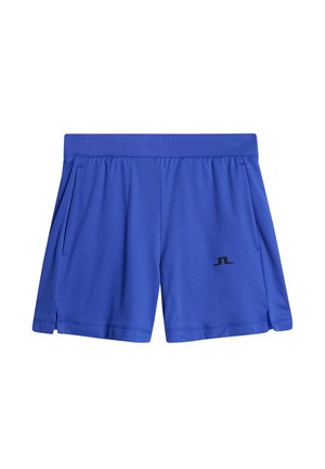 Blauwe sportshorts van lichtgewicht stof, met een elastische tailleband en zijzakken. Zwart logo-detail aan de onderkant van de voorkant.