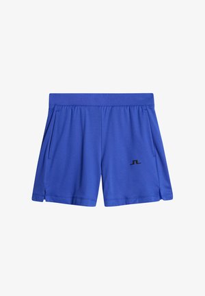 Blauwe sportshorts van lichtgewicht stof, met een elastische tailleband en zijzakken. Zwart logo-detail aan de onderkant van de voorkant.