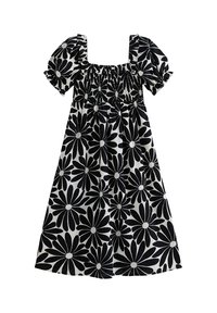 Zwart-wit bloemdress met korte pofmouwen, vierkante halslijn en gerimpelde taille. Bevat grote madeliefpatronen en donkere accenten.