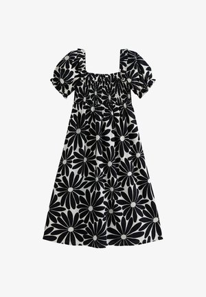 Czarna i biała sukienka w kwiaty z krótkimi bufkami, kwadratowym dekoltem i marszczonym fasonem. Posiada duże wzory stokrotek i ciemne akcenty.