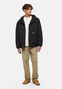 Musta eristetty takki, jossa on vetoketju ja napsautuskiinnitys, kaksi etutaskua ja huppu, yhdistettynä vaaleanruskeisiin cargo-housuihin ja ruskeisiin kenkiin.