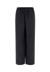 Pantalon noir à jambes larges en tissu léger, doté d'une taille élastique avec un cordon de serrage, et d'un design simple sans motifs.