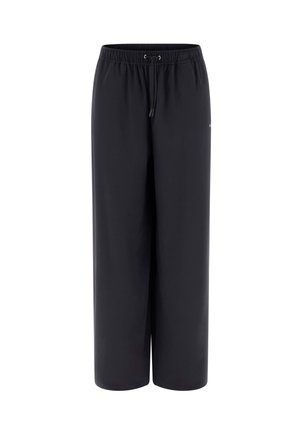 Pantaloni neri a gamba larga realizzati in tessuto leggero, con vita elasticizzata e coulisse, dal design semplice senza fantasie.