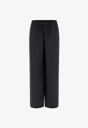 Juodos, plačios kelnės iš lengvos medžiagos, su elastiniu liemeniu ir raišteliu, paprasto dizaino be raštų.