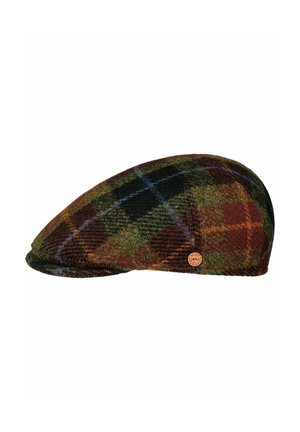 Flat cap with multicolored plaid pattern in green, brown, orange, and blue, featuring a small round metal brand badge on the side.