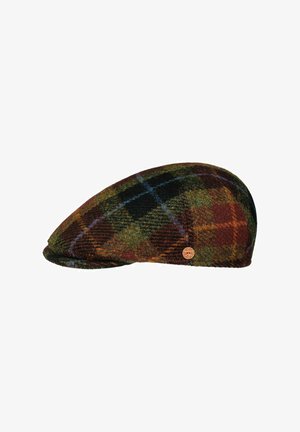 Flat cap with multicolored plaid pattern in green, brown, orange, and blue, featuring a small round metal brand badge on the side.