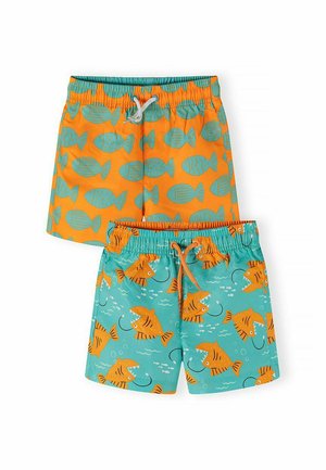 Dwie pary kąpielówek dla dzieci: jedne pomarańczowe z turkusowymi wzorami ryb, drugie turkusowe z pomarańczowymi rybami świecącymi i drobnymi rybami.