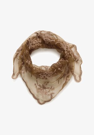 Sheer brown lace scarf with floral embroidery and scalloped edges, arranged in a loose loop on a white background.