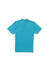 Kurzärmeliges Poloshirt aus leuchtend türkisfarbigem Stoff mit glatter Textur, klassischem Kragen und einem Detail an der hinteren Schulternaht.
