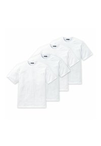 Four plain white cotton t-shirts with short sleeves, crew necklines, and regular fit. No patterns or visible logos.