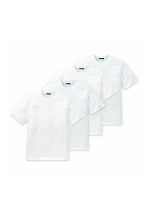 Four plain white cotton t-shirts with short sleeves, crew necklines, and regular fit. No patterns or visible logos.
