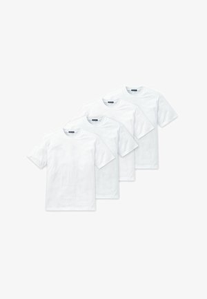 Four plain white cotton t-shirts with short sleeves, crew necklines, and regular fit. No patterns or visible logos.