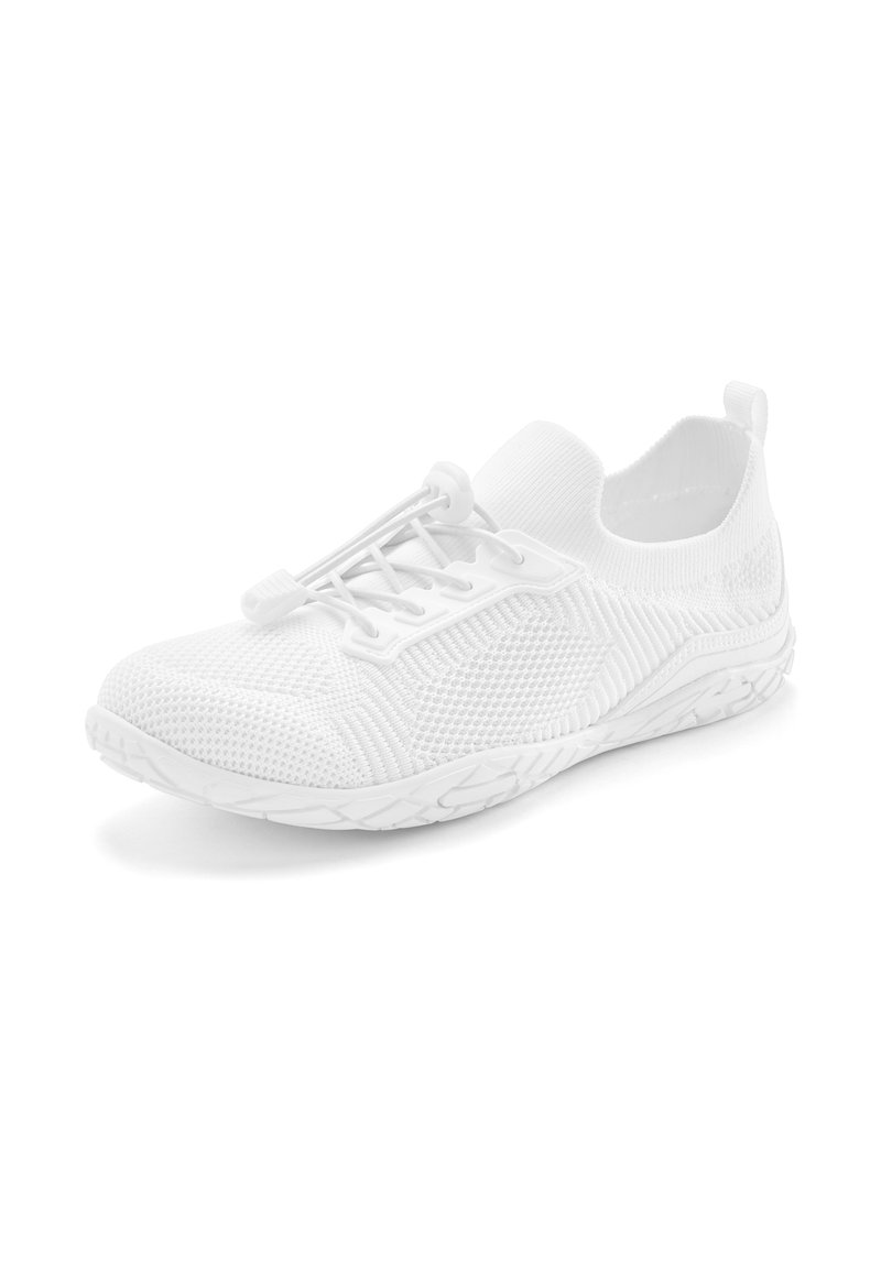 White athletic shoe made of breathable knit material, featuring a sock-like design, elastic lacing system, and textured rubber sole.