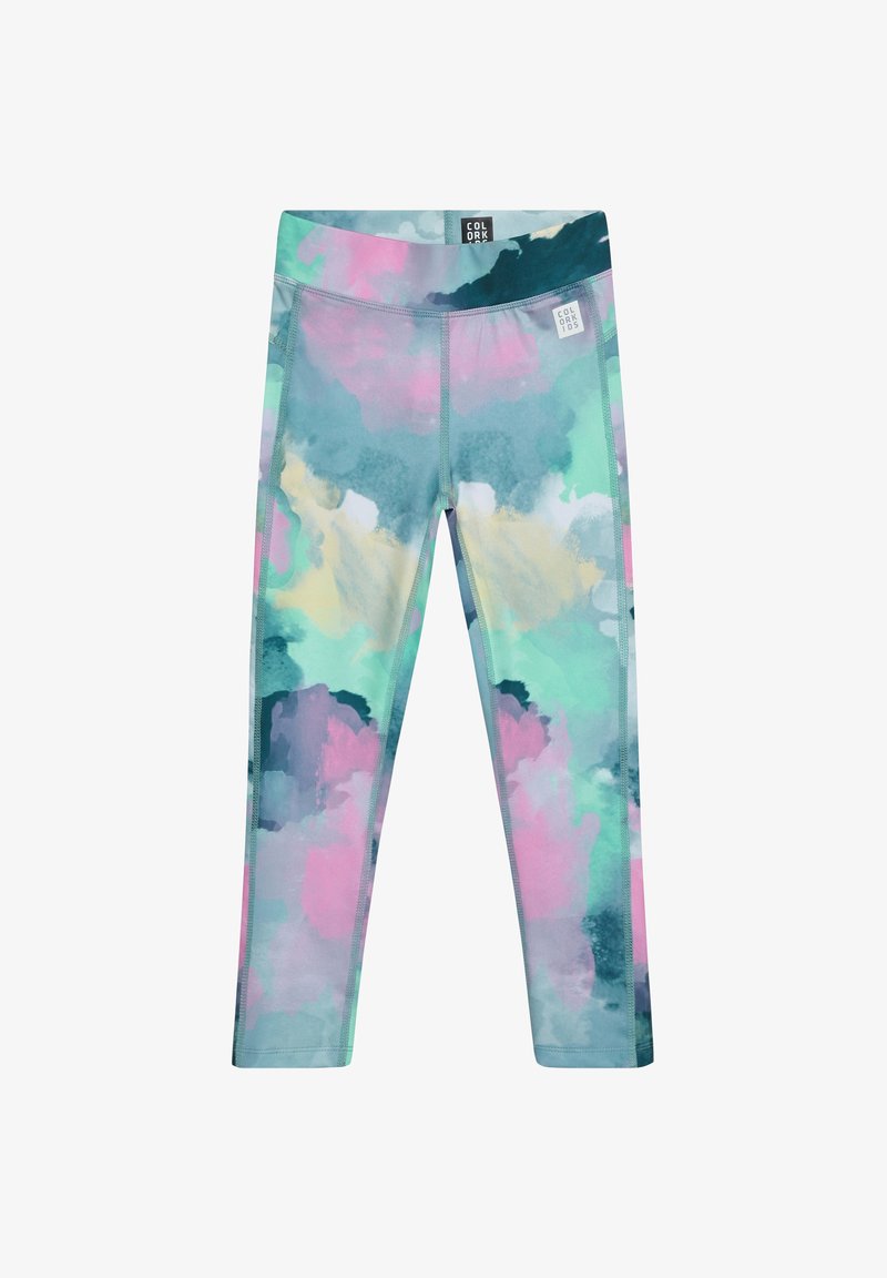 Leggings avec un motif abstrait multicolore comprenant des teintes de bleu sarcelle, rose et jaune. Confectionnés en tissu extensible avec une large ceinture.