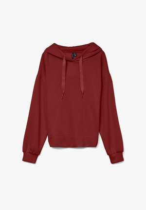 Sweat-shirt à capuche rouge avec des manches longues, des poignets et un ourlet côtelés. Fabriqué en tissu doux, il présente des cordons de serrage au niveau du col.