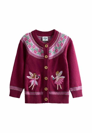 Fuchsia knitted cardigan with round neckline, seven wooden buttons, embroidered fairies, and floral pattern on shoulders and cuffs.