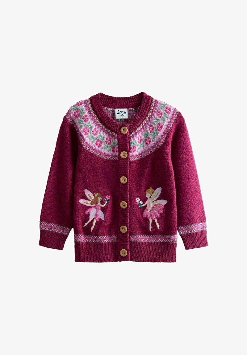 Cardigan tricotat fucsia cu guler rotund, șapte nasturi din lemn, zâne brodate și model floral pe umeri și mansete.