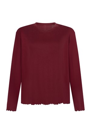 Bordeauxrode top met lange mouwen, gemaakt van gestructureerde stof, met een ronde hals en een gebogen zoom. Eenvoudig ontwerp zonder extra versieringen.