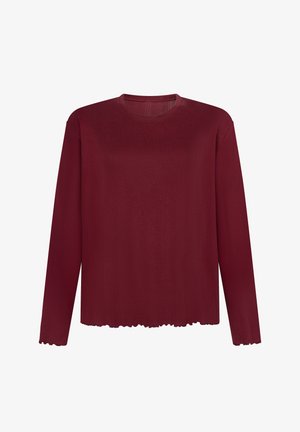 Bordeauxrode top met lange mouwen, gemaakt van gestructureerde stof, met een ronde hals en een gebogen zoom. Eenvoudig ontwerp zonder extra versieringen.
