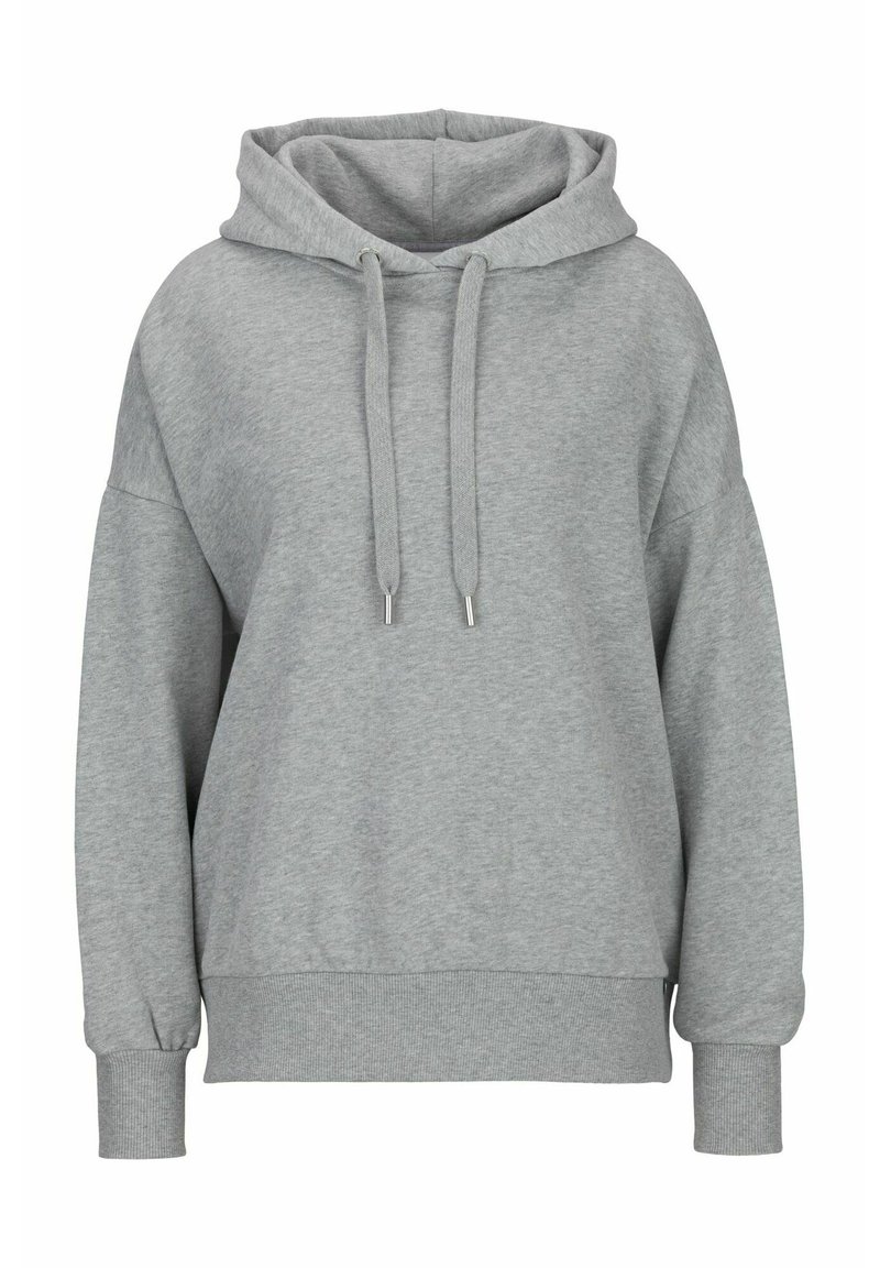 Grå hoodie med en rymlig siluett, dragsko i huvan, ribbade ärmslut och midjeresår. Tillverkad av mjukt, bekvämt tyg.