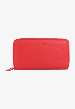 Portefeuille en cuir rouge avec une surface texturée, doté d'une fermeture éclair et d'un logo de marque embossé sur le devant. Comprend un accent de frange.
