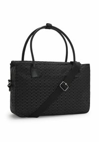 Black tote bag with a geometric pattern, made from durable material. Features dual handles, an adjustable shoulder strap, and sleek design.