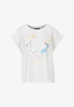 White cotton T-shirt with short, rolled sleeves. Features a large, colorful "V" graphic with star patterns in soft pastel colors.