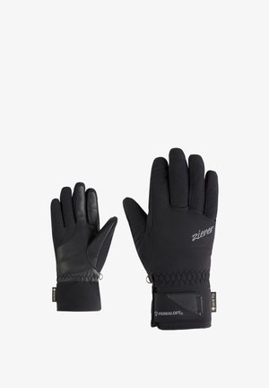 Gants noirs en textile avec des accents en cuir. Les caractéristiques incluent un design piqué, des poignets ajustés et une étiquette imperméable au poignet.