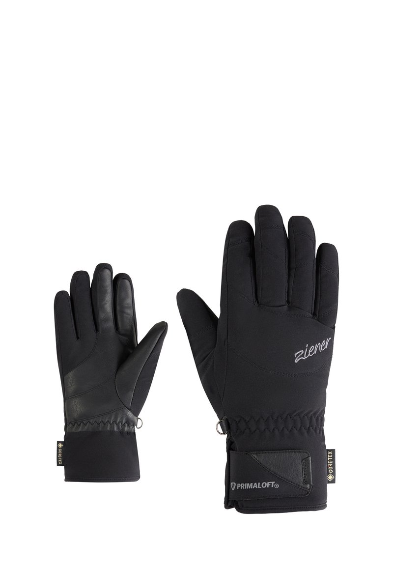 Gants noirs en textile avec des accents en cuir. Les caractéristiques incluent un design piqué, des poignets ajustés et une étiquette imperméable au poignet.