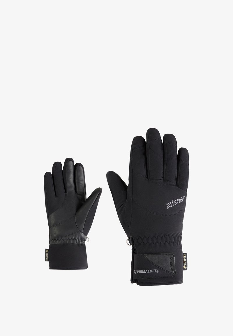 Schwarze Handschuhe aus einer Mischung aus weichem Stoff und Leder, mit gestepptem Design, Logo-Akzent und Verschlüssen am Handgelenk für einen sicheren Sitz.