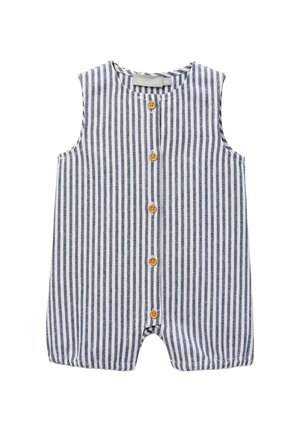 Barboteuse bébé sans manches avec rayures verticales bleu marine et blanches, boutons en bois à l'avant et col rond, taille 3 mois.